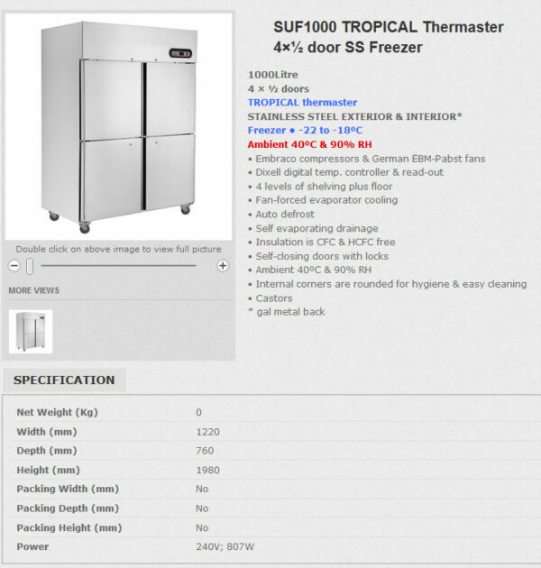 Thermaster SUF1000 4 Door Upright Storage Freezer - Image 3